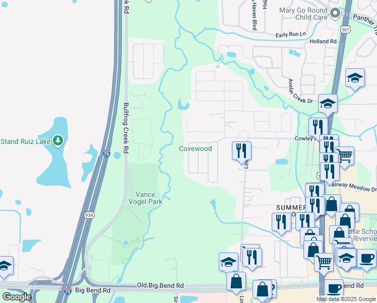 map of restaurants, bars, coffee shops, grocery stores, and more near 10052 Creek Bluff Drive in Riverview