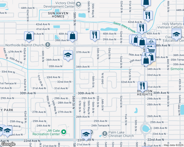 map of restaurants, bars, coffee shops, grocery stores, and more near 5633 33rd Avenue North in St. Petersburg