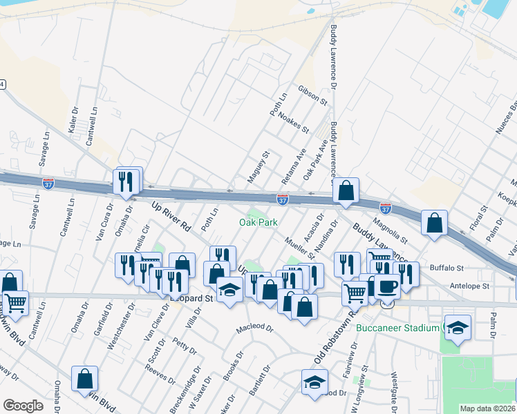 map of restaurants, bars, coffee shops, grocery stores, and more near 922 Cenizo Avenue in Corpus Christi