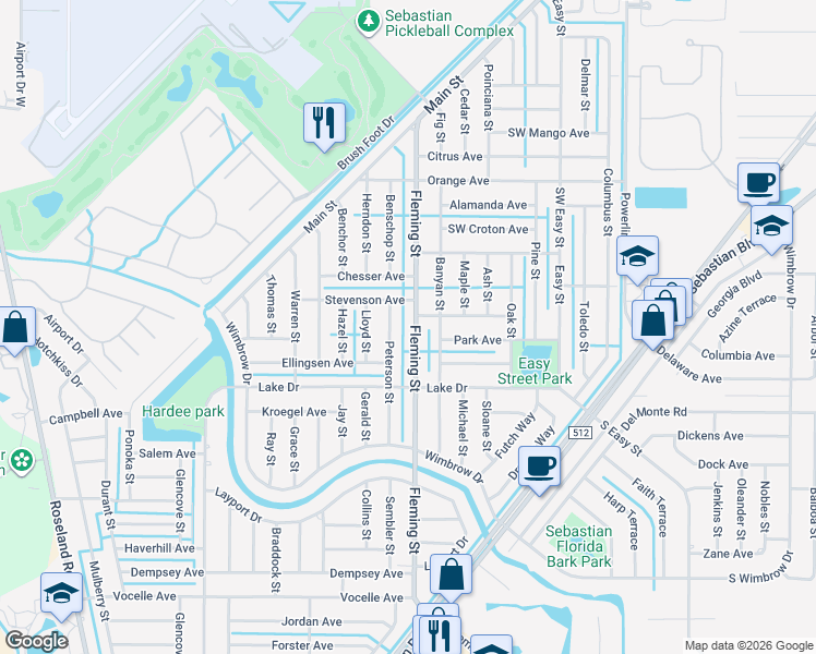 map of restaurants, bars, coffee shops, grocery stores, and more near 409 Peterson Street in Sebastian