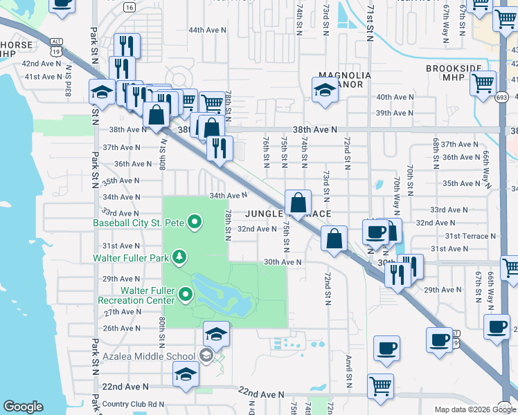 map of restaurants, bars, coffee shops, grocery stores, and more near 7619 33rd Avenue North in St. Petersburg