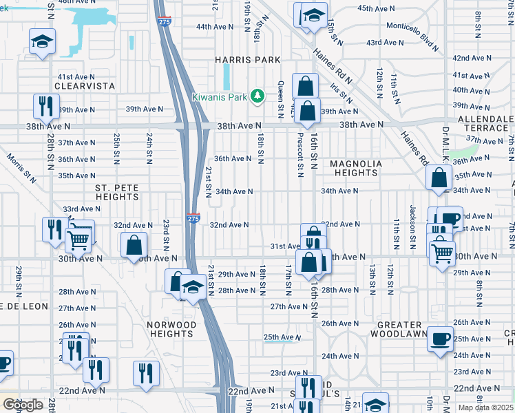 map of restaurants, bars, coffee shops, grocery stores, and more near 3335 19th Street North in St. Petersburg