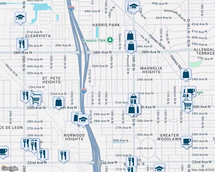 map of restaurants, bars, coffee shops, grocery stores, and more near 3335 19th Street North in St. Petersburg