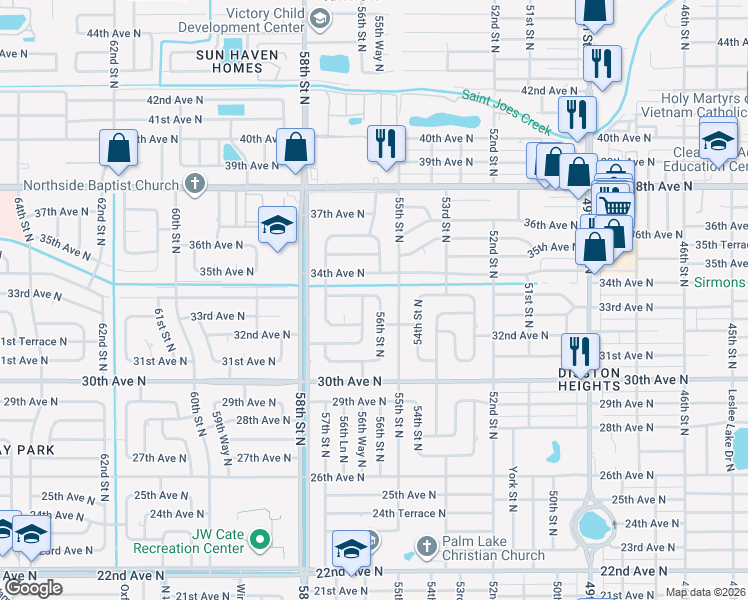 map of restaurants, bars, coffee shops, grocery stores, and more near 5633 33rd Avenue North in St. Petersburg