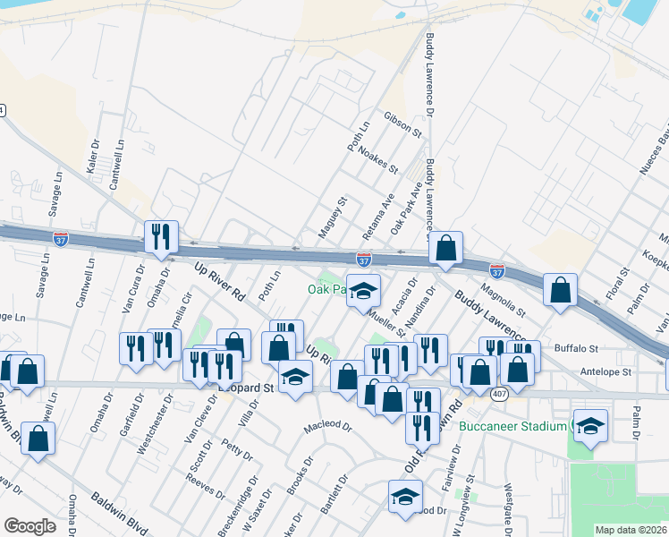 map of restaurants, bars, coffee shops, grocery stores, and more near 922 Cenizo Avenue in Corpus Christi