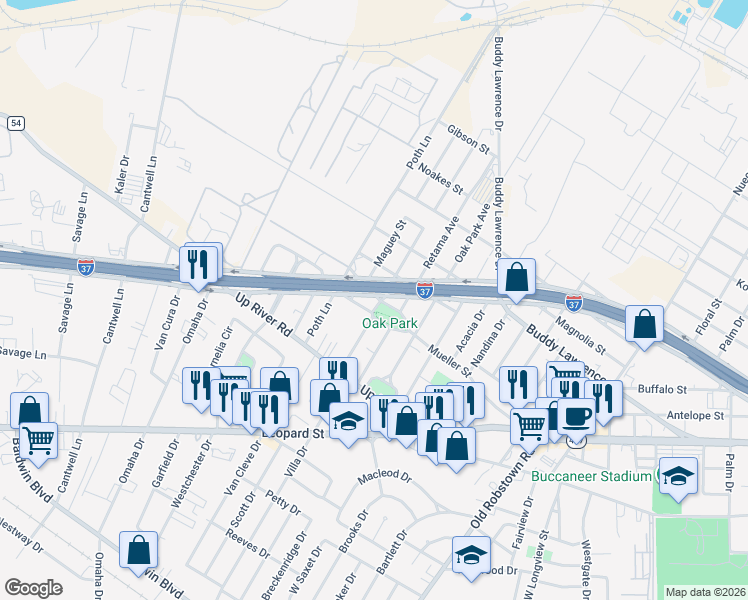 map of restaurants, bars, coffee shops, grocery stores, and more near 4118 Live Oak Street in Corpus Christi