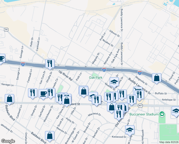 map of restaurants, bars, coffee shops, grocery stores, and more near 4118 Live Oak Street in Corpus Christi