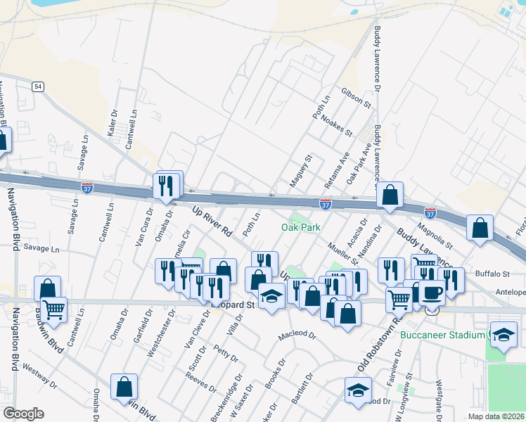 map of restaurants, bars, coffee shops, grocery stores, and more near 4301 Interstate 37 Frontage Road in Corpus Christi