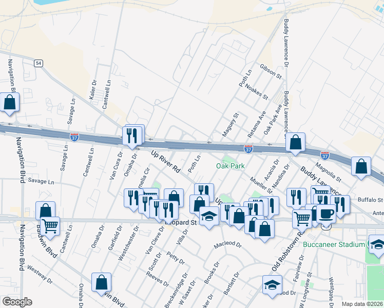 map of restaurants, bars, coffee shops, grocery stores, and more near 4301 Interstate 37 Frontage Road in Corpus Christi