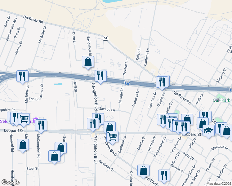 map of restaurants, bars, coffee shops, grocery stores, and more near 863 Savage Lane in Corpus Christi