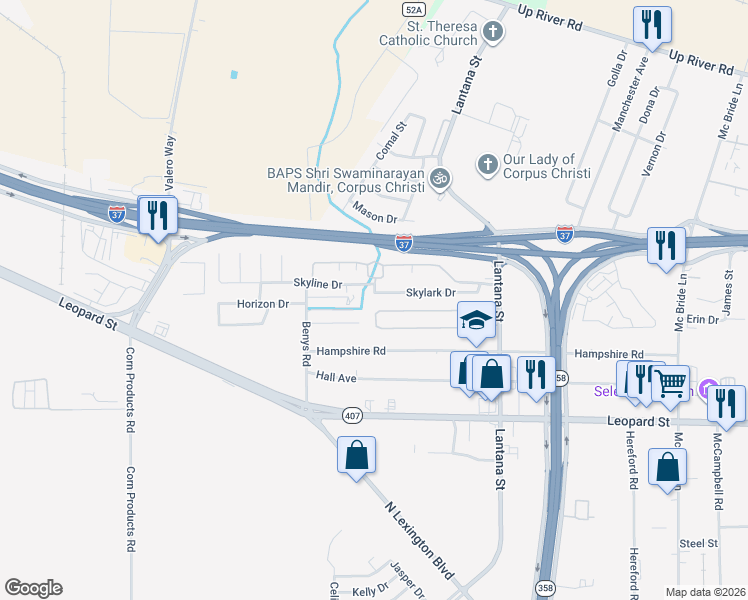 map of restaurants, bars, coffee shops, grocery stores, and more near 5845 Skylark Drive in Corpus Christi
