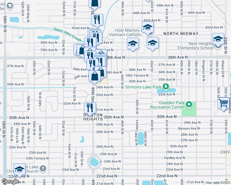 map of restaurants, bars, coffee shops, grocery stores, and more near 4620 34th Avenue North in St. Petersburg