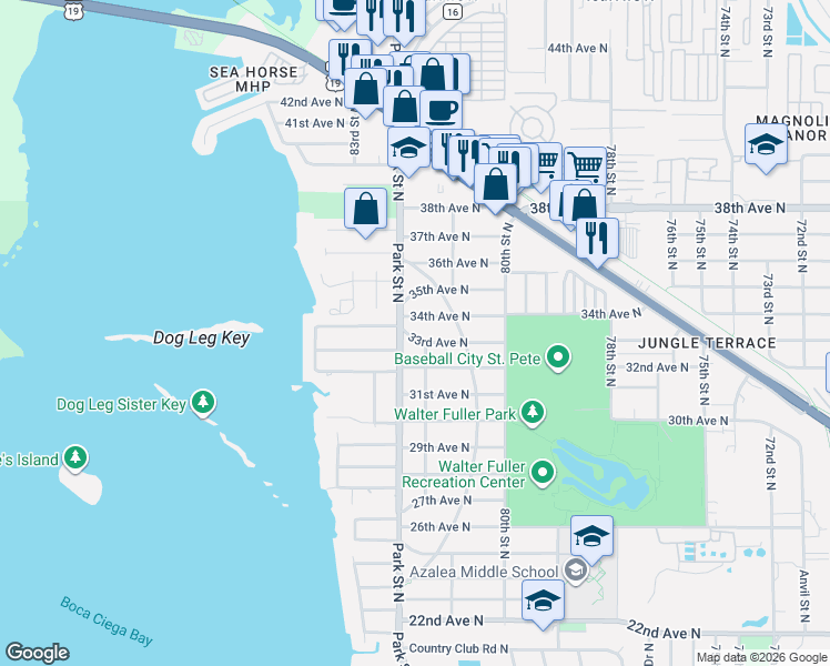 map of restaurants, bars, coffee shops, grocery stores, and more near 3315 Park Street North in St. Petersburg