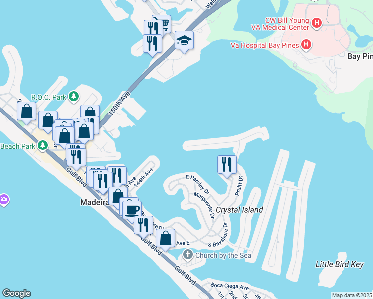 map of restaurants, bars, coffee shops, grocery stores, and more near 803 Bay Point Drive in Madeira Beach