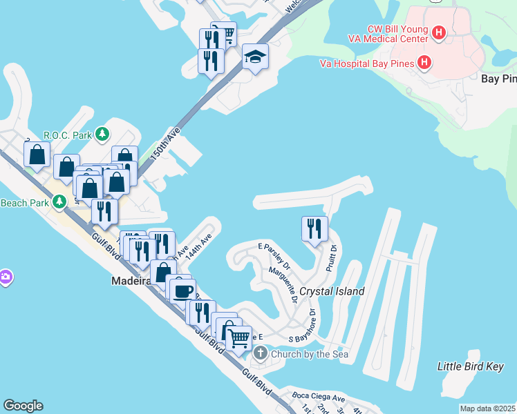 map of restaurants, bars, coffee shops, grocery stores, and more near 803 Bay Point Drive in Madeira Beach