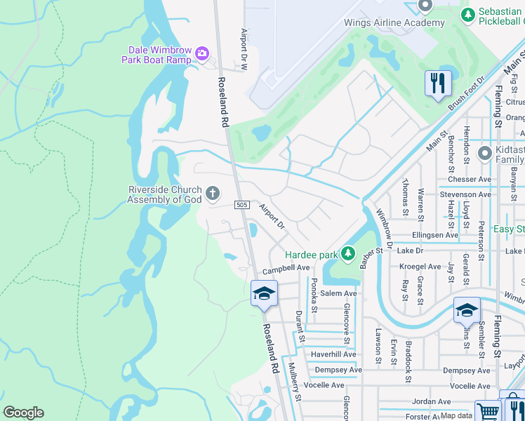map of restaurants, bars, coffee shops, grocery stores, and more near 11189 Airport Drive in Sebastian