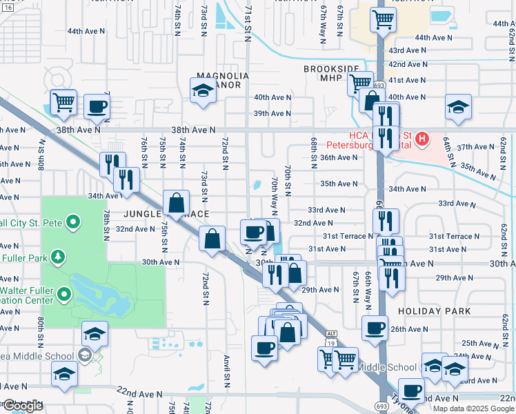 map of restaurants, bars, coffee shops, grocery stores, and more near 3396 70th Way North in St. Petersburg