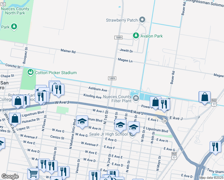 map of restaurants, bars, coffee shops, grocery stores, and more near 1218 Farm to Market Road 1889 in Robstown