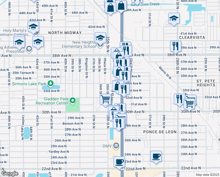 map of restaurants, bars, coffee shops, grocery stores, and more near 3482 34th Avenue North in St. Petersburg