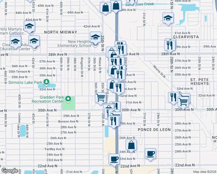 map of restaurants, bars, coffee shops, grocery stores, and more near 3453 33rd Avenue North in Saint Petersburg