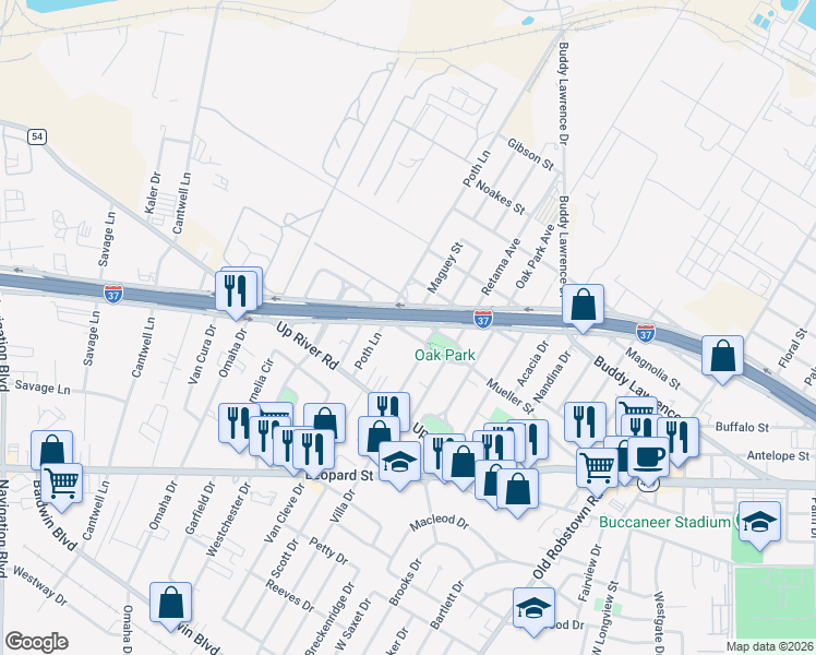 map of restaurants, bars, coffee shops, grocery stores, and more near 4118 Live Oak Street in Corpus Christi