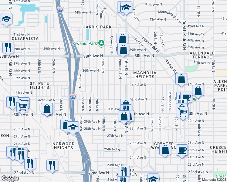 map of restaurants, bars, coffee shops, grocery stores, and more near 3325 Queen Street North in St. Petersburg