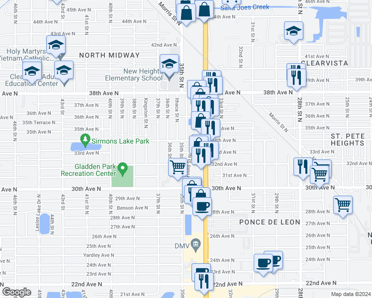 map of restaurants, bars, coffee shops, grocery stores, and more near 3482 34th Avenue North in St. Petersburg