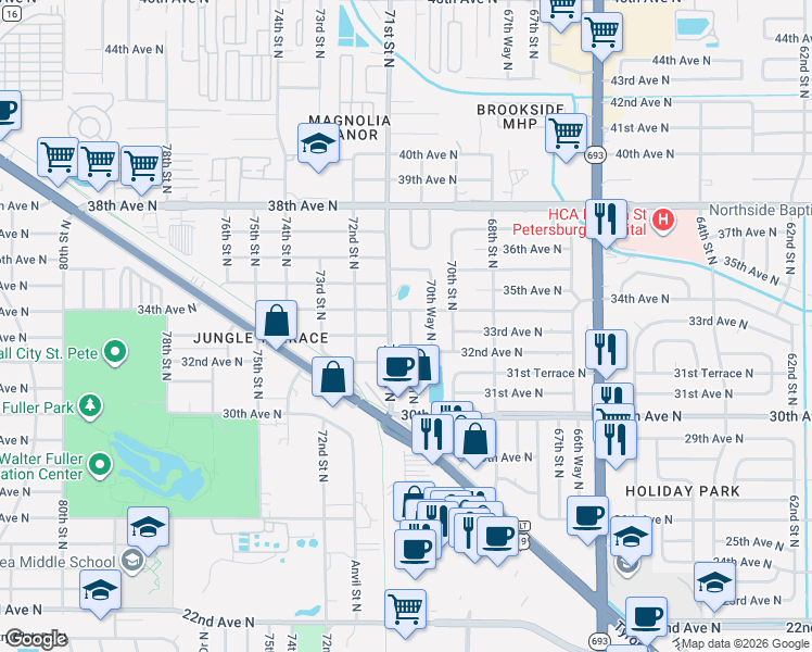 map of restaurants, bars, coffee shops, grocery stores, and more near 3396 70th Way North in St. Petersburg