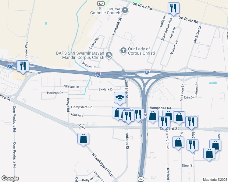 map of restaurants, bars, coffee shops, grocery stores, and more near 5714 Skylark in Corpus Christi