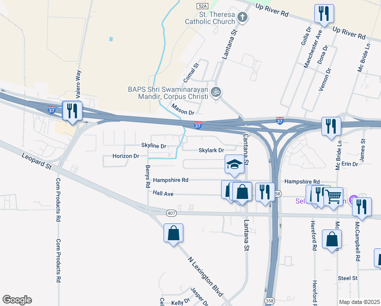 map of restaurants, bars, coffee shops, grocery stores, and more near 5818 Skylark Drive in Corpus Christi