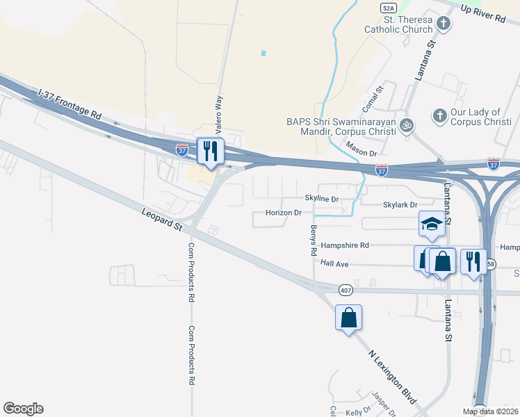 map of restaurants, bars, coffee shops, grocery stores, and more near 6033 Skyline Drive in Corpus Christi