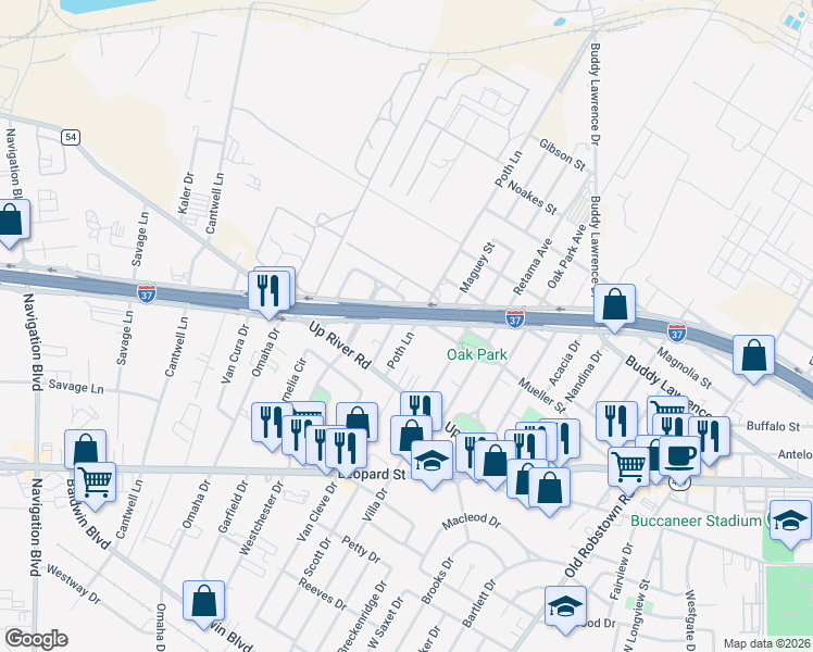 map of restaurants, bars, coffee shops, grocery stores, and more near 4301 Interstate 37 Frontage Road in Corpus Christi
