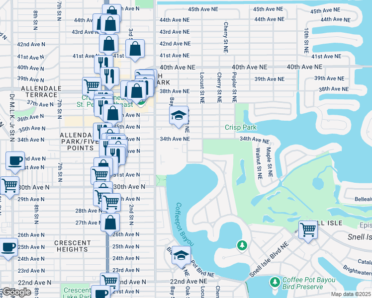 map of restaurants, bars, coffee shops, grocery stores, and more near 3300 Oak Street Northeast in St. Petersburg