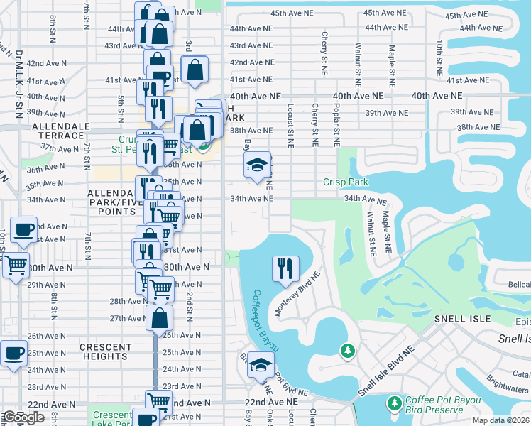 map of restaurants, bars, coffee shops, grocery stores, and more near 3300 Oak Street Northeast in St. Petersburg