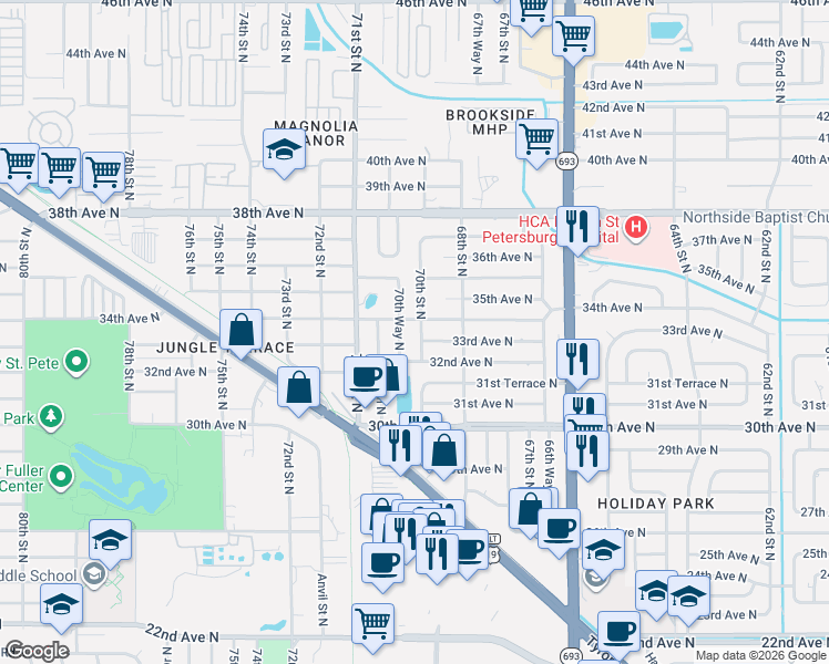 map of restaurants, bars, coffee shops, grocery stores, and more near 6992 34th Avenue North in St. Petersburg