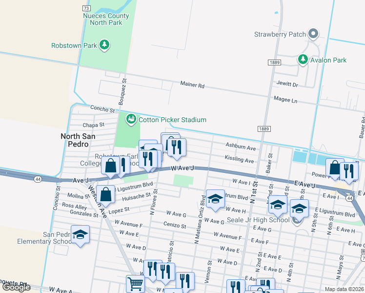 map of restaurants, bars, coffee shops, grocery stores, and more near 315 Kissling Avenue in Robstown