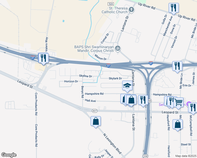 map of restaurants, bars, coffee shops, grocery stores, and more near 5845 Skylark Drive in Corpus Christi