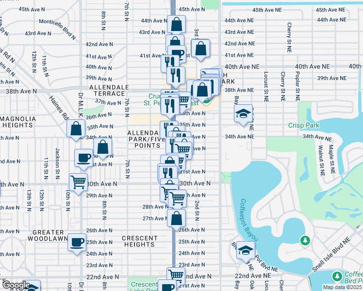 map of restaurants, bars, coffee shops, grocery stores, and more near 335 33rd Avenue North in St. Petersburg