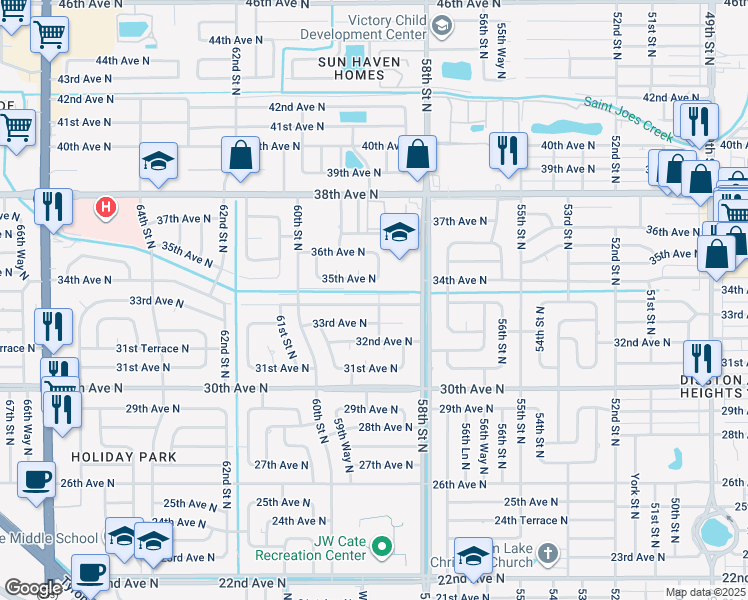 map of restaurants, bars, coffee shops, grocery stores, and more near 5901 34th Avenue North in Saint Petersburg