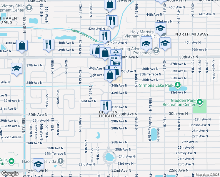 map of restaurants, bars, coffee shops, grocery stores, and more near 4838 34th Avenue North in St. Petersburg