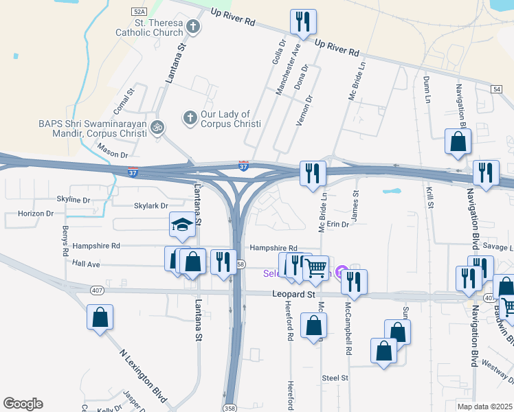 map of restaurants, bars, coffee shops, grocery stores, and more near 2240 North Padre Island Drive in Corpus Christi
