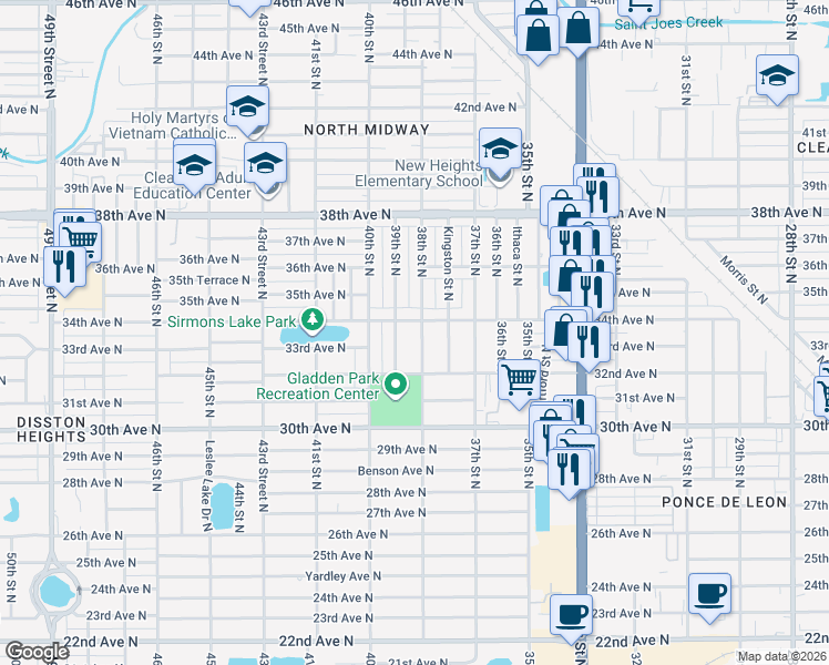 map of restaurants, bars, coffee shops, grocery stores, and more near 3326 38th Street North in St. Petersburg