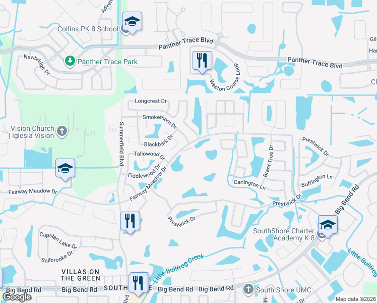 map of restaurants, bars, coffee shops, grocery stores, and more near 11655 Fairway Meadow Drive in Riverview