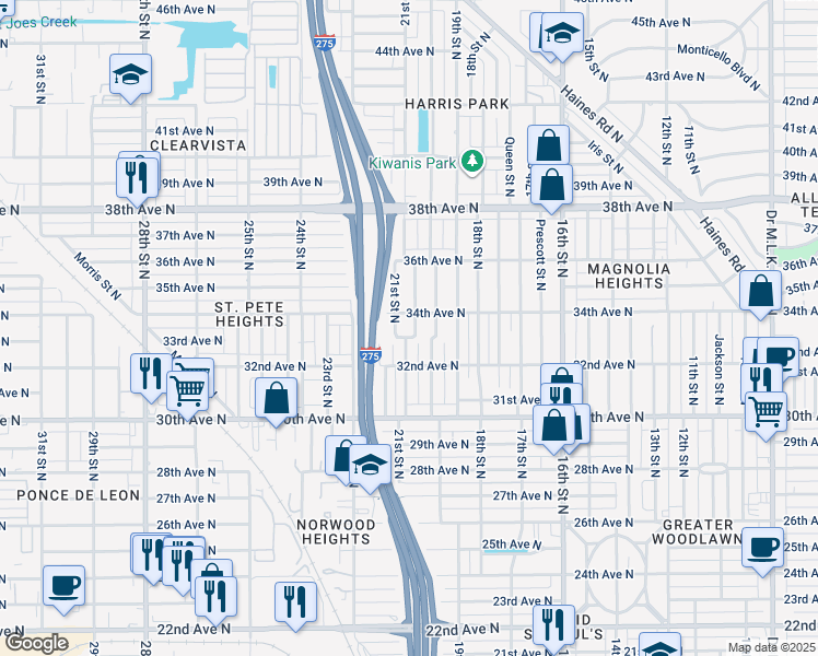 map of restaurants, bars, coffee shops, grocery stores, and more near 3335 Tarlton Street North in St. Petersburg