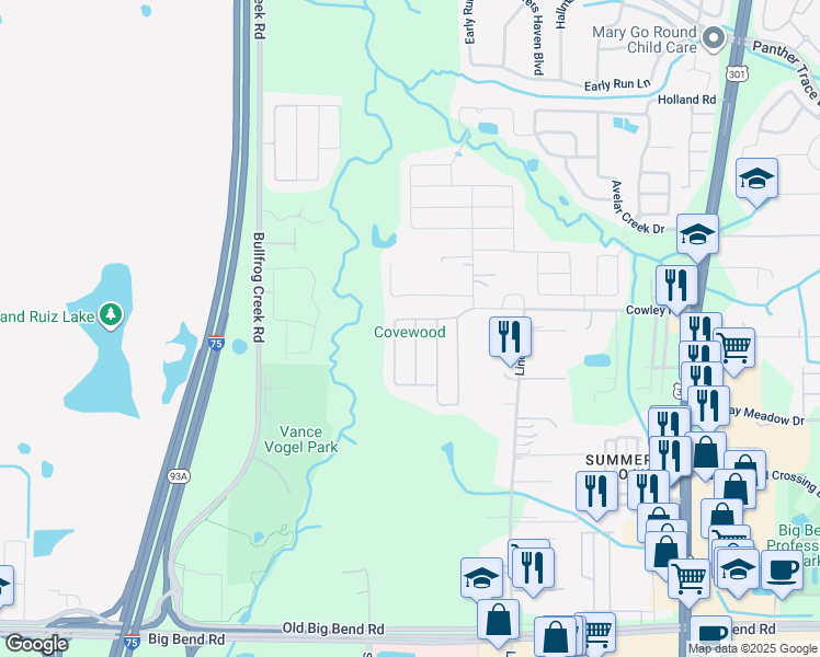 map of restaurants, bars, coffee shops, grocery stores, and more near 12903 Brookcrest Place in Riverview