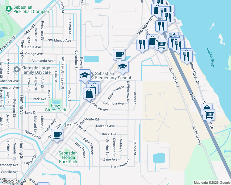 map of restaurants, bars, coffee shops, grocery stores, and more near 450 Azine Terrace in Sebastian