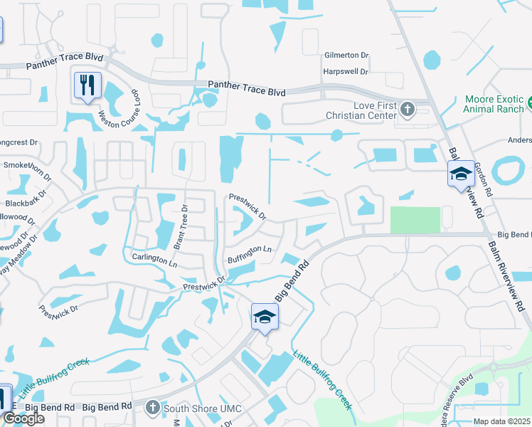 map of restaurants, bars, coffee shops, grocery stores, and more near 13358 Prestwick Drive in Riverview