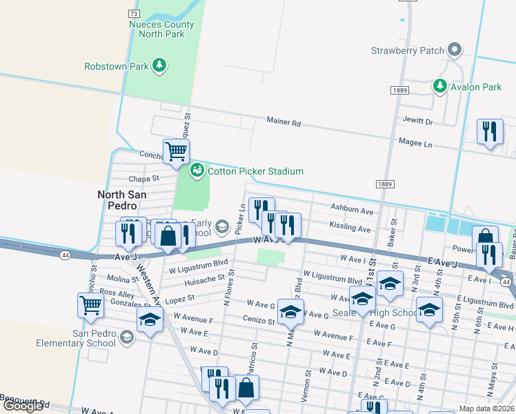 map of restaurants, bars, coffee shops, grocery stores, and more near 315 Kissling Avenue in Robstown