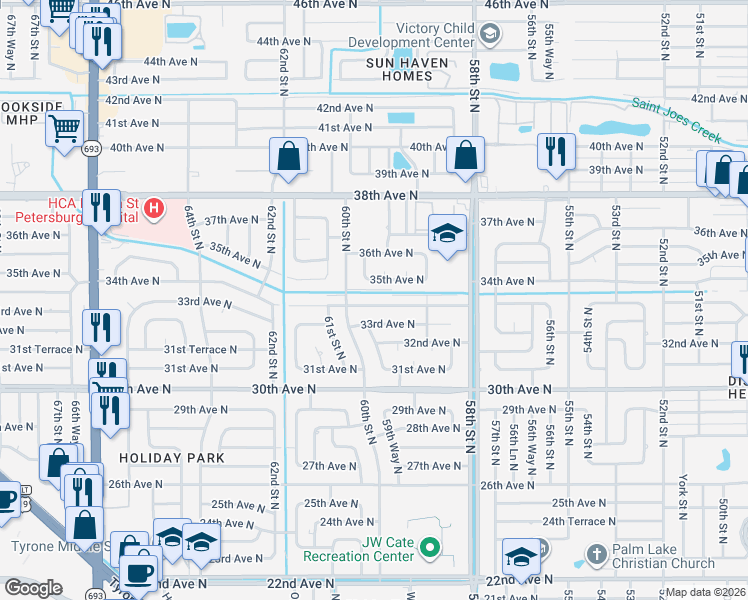 map of restaurants, bars, coffee shops, grocery stores, and more near 5951 34th Avenue North in St. Petersburg