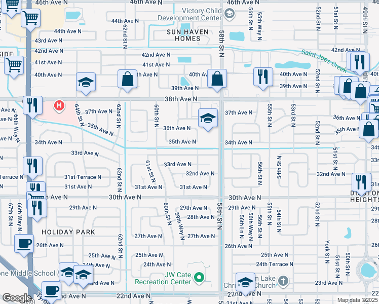 map of restaurants, bars, coffee shops, grocery stores, and more near 5901 34th Avenue North in St. Petersburg